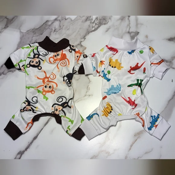 XPudac NWOT Dog 2pc White Monkey & Dinosaur Print Full Body Pajama Set Size XS - Picture 2 of 7